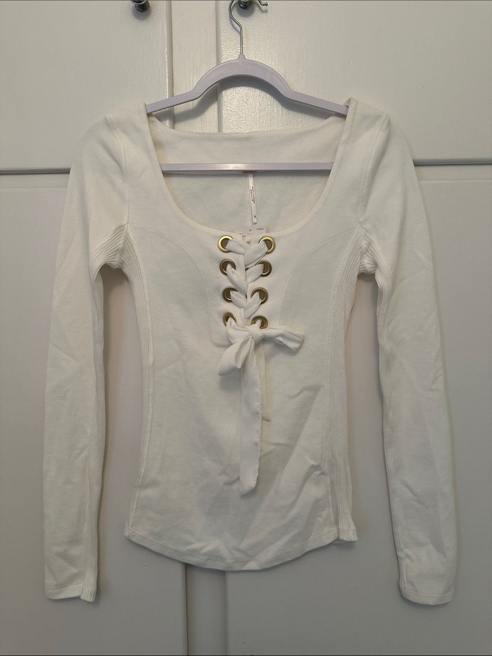 NWT Free People White Cream Lace Up Long Sleeve Tshirt Top